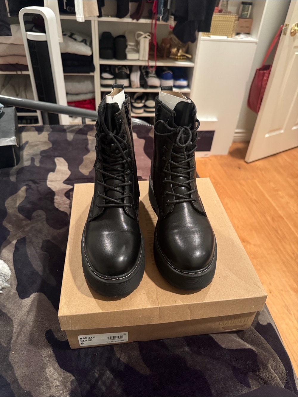 Steve Madden Black Lace-Up Platform Combat Boots - Picture 2 of 5